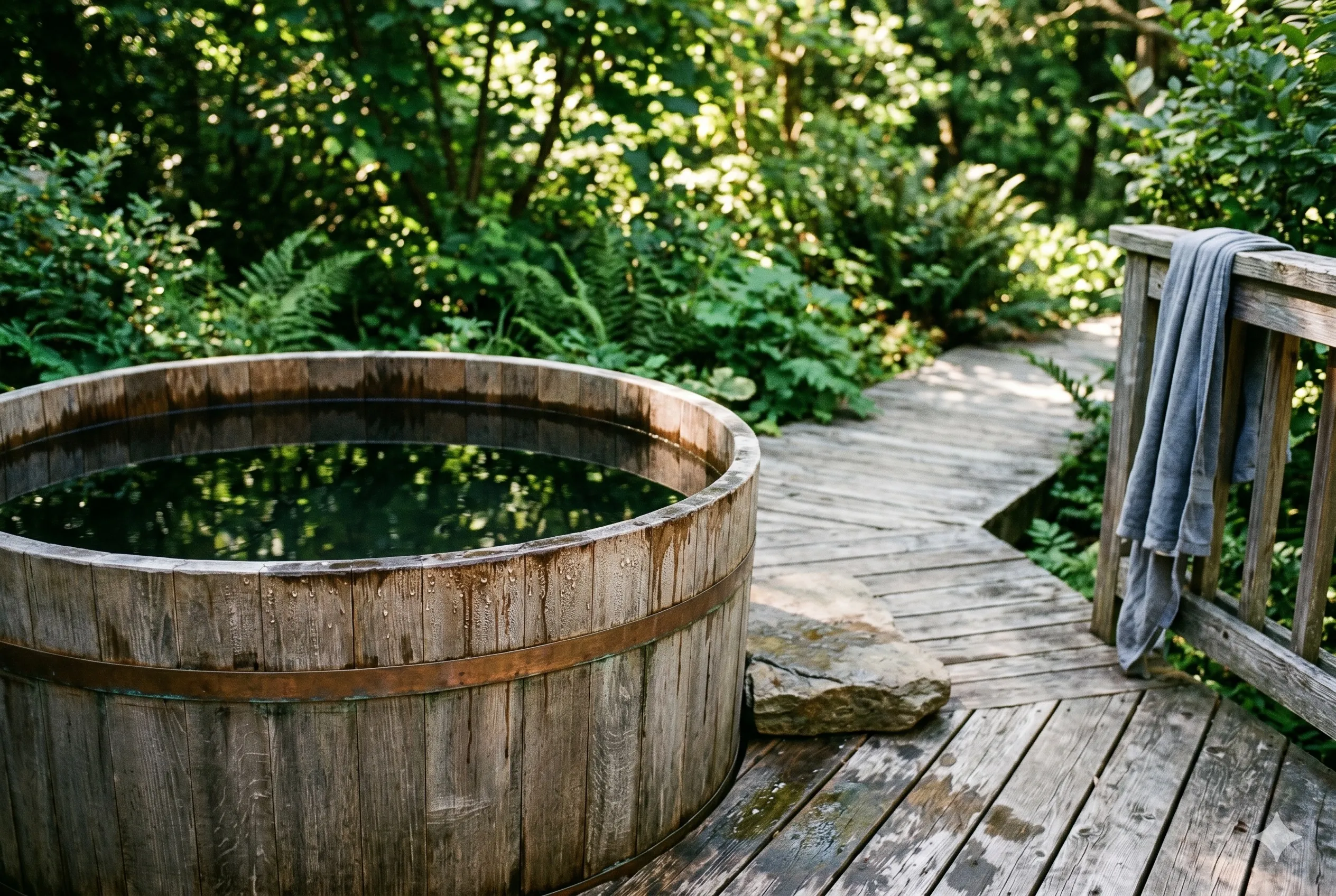 Outdoor cold plunge tub on a sunlit wooden deck, condensation on the rim, green summer foliage and dappled light.